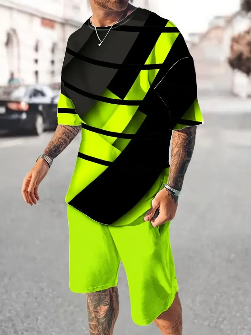 Men\'s short sleeved sportswear set, creative design pattern casual set, street clothing, summer fashion, US sizes clothes