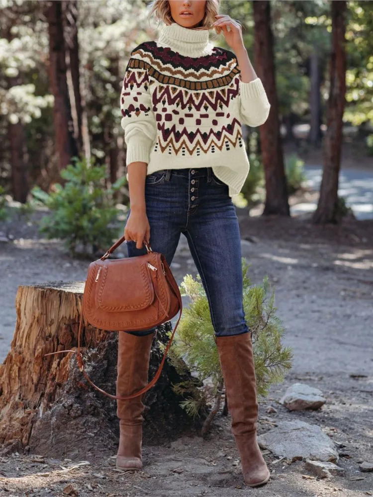 

Autumn Winter New Fashion Turtleneck Loose Pullover Sweater For Women's Vintage Geometric Patterns Spell Color Knitted Sweater