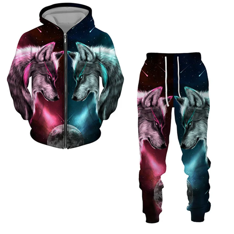 Tracksuit For Men 3D The Wolf Printed Zip Hoodie + Pants Suit Cool Men 2 Pcs Sportwear Set Spring Autumn Casual Men\'s Clothing