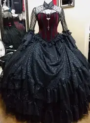 Victorian Gothic Black steampunk vampire Wedding Dresses Lace Bridal Ball Gowns Flare Long Sleeve Floor Length Gothic ball gown