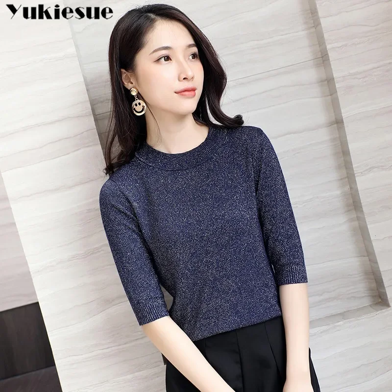 2022 new Women Pullover Sweater Lurex Glitter Knitted pullover Tops Spring Autumn Half Sleeve Elasticity o-neck Female Jumper