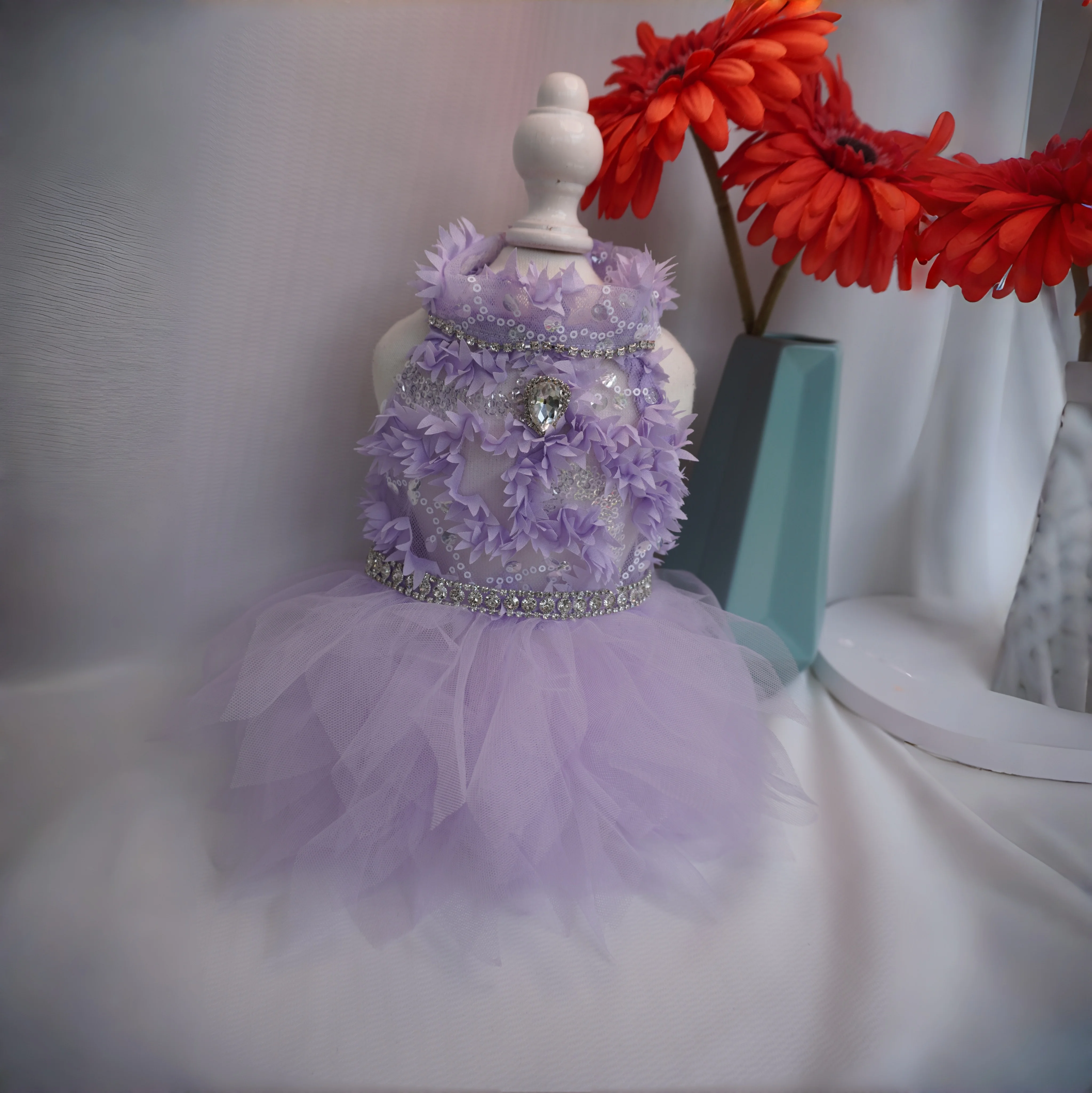 Luxury Handmade Puppy Dog Cats Clothing Korean Purple Lace Wedding Princess Dress For Small Medium Dog Pet Clothes