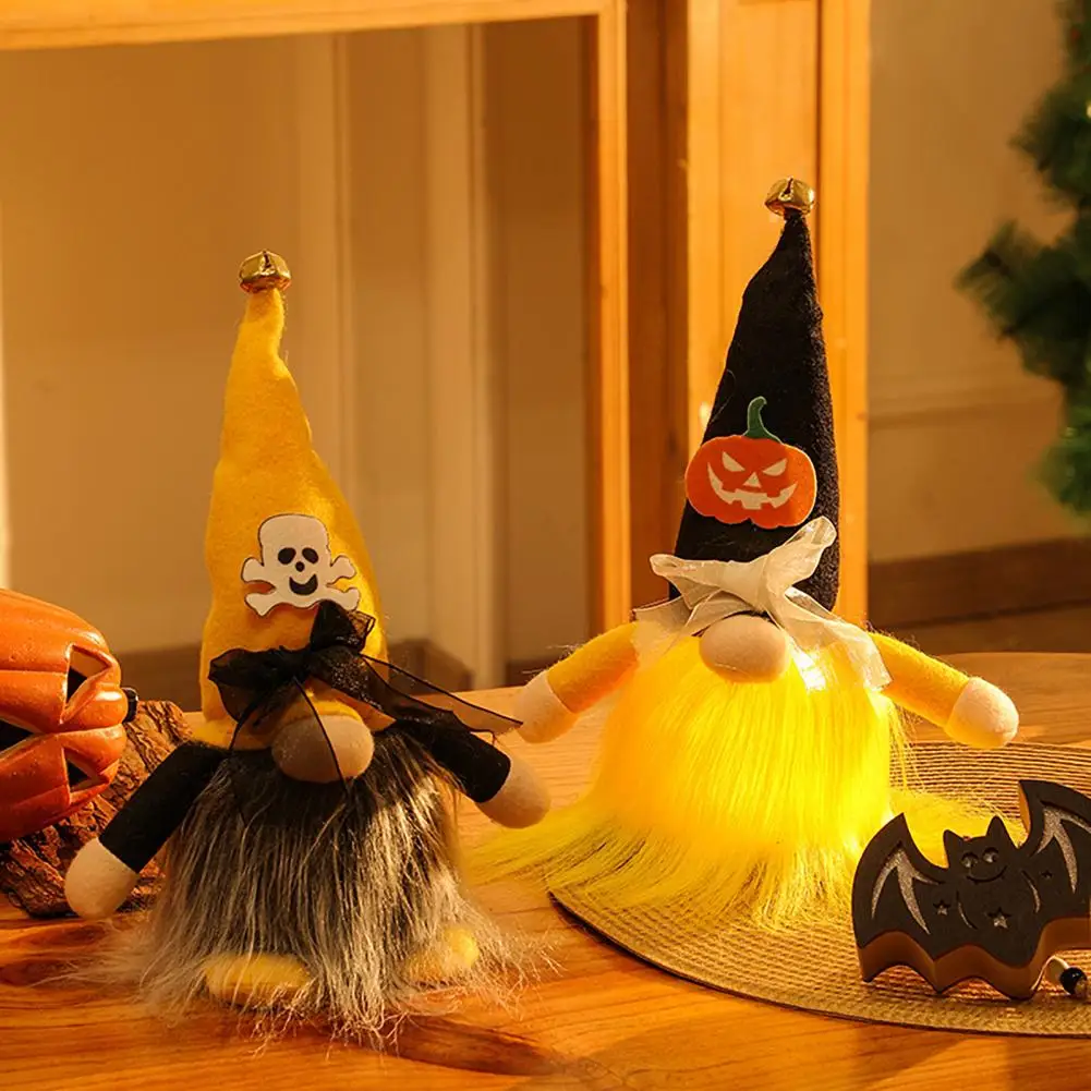 Skull Hat Gnome Halloween Gnome Decorations Plush Skull Pumpkin Doll Ornament with Soft Light Hocus Pocus Decor for Table