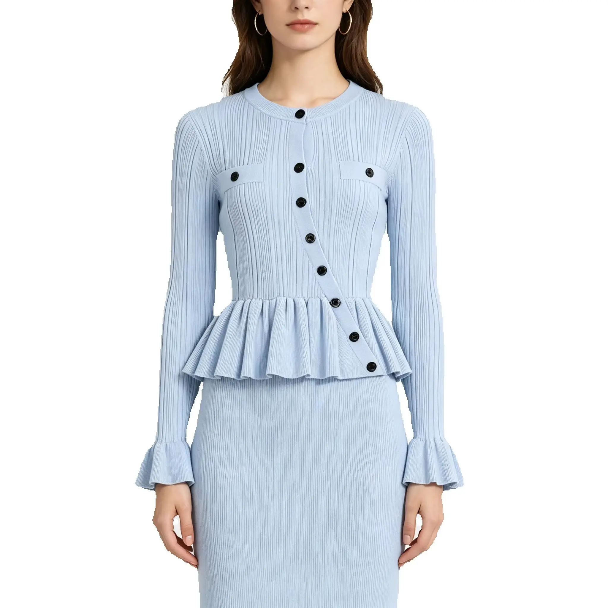 High Quality Spring And Autumn New Fashionable Elastic Knitted Diagonal Button Pullover+half Skirt Slim Fit Women's Set