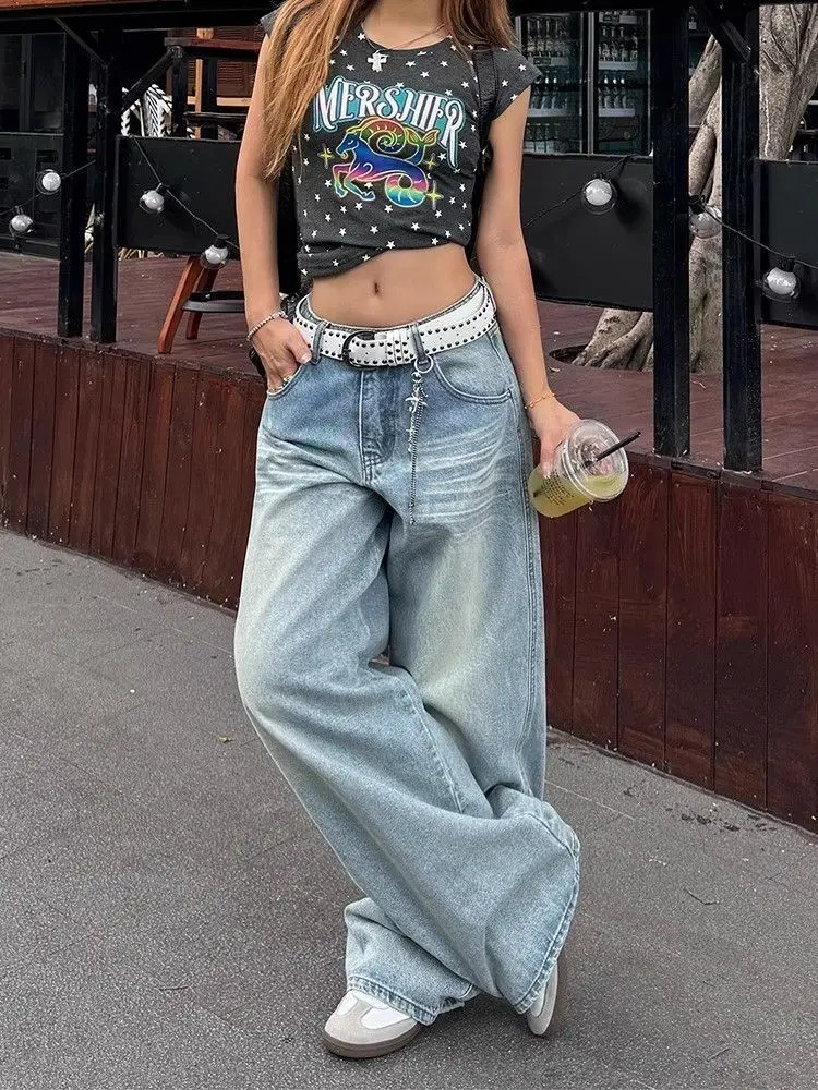 بنطلون جينز مطرز بجيب أمريكي عتيق للنساء جديد فضفاض عالي الخصر للتخسيس متعدد الاستخدامات واسع الساق بطول الأرض من قماش الدنيم