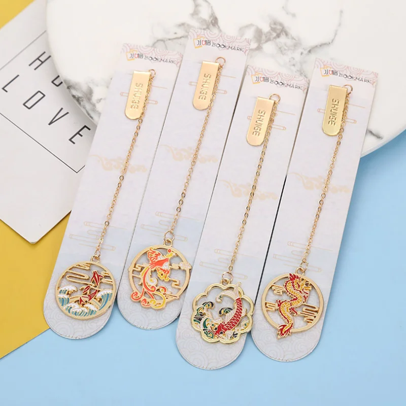 2pc Kawaii Dragon Phoenix Carp Bookmark Student Book Clip Tab Alloy Book Mark Pendant Accessories Portable Reading Stationery