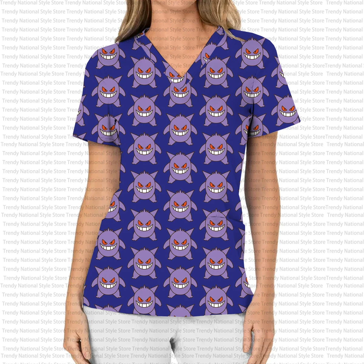 Summer New Style Beauty Salon Neck Frosted Top Women's Commuter Wear Hospital Clinic T-shirt Pokémon Print Dental Top