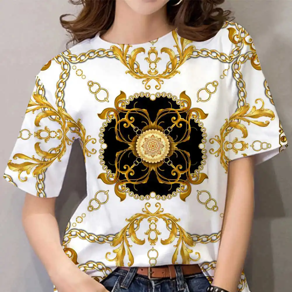 Men's and Women's Exquisite Printed Short Sleeved T-shirt, 3D Top, Luxurious Baroque Shirt, Oversized Loose Round Neck Casual T-