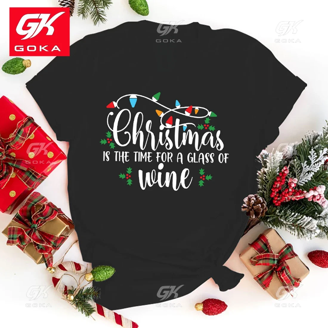 Funny Christmas Is The Time for A Glass of Wine Letter Printing Cotton T Shirt for Women Tee Shirt Femme Casual Top Short Sleeve