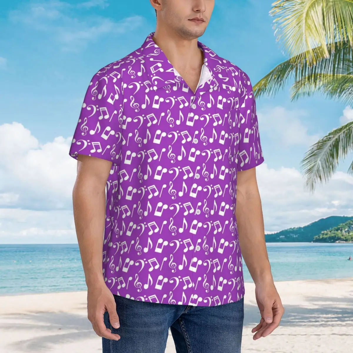 Note musicali camicia da spiaggia viola e bianca Hawaii camicie Casual da uomo camicette fresche manica corta Y2K top dal Design divertente