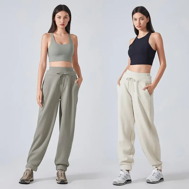 Pantaloni sportivi a vita alta con doppia cintura in pile di peluche al limone Pantaloni sportivi ispessiti larghi autunno inverno Abbigliamento da corsa da donna