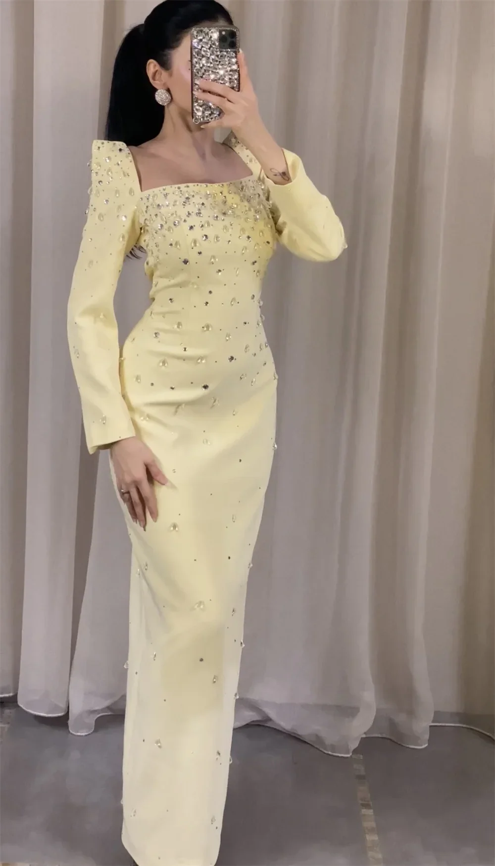 

Customized Prom Dresses Elegant Long Sleeve vestidos de noiva Sheath Square Collar Rhinestones Floor-Length Formal Evening
