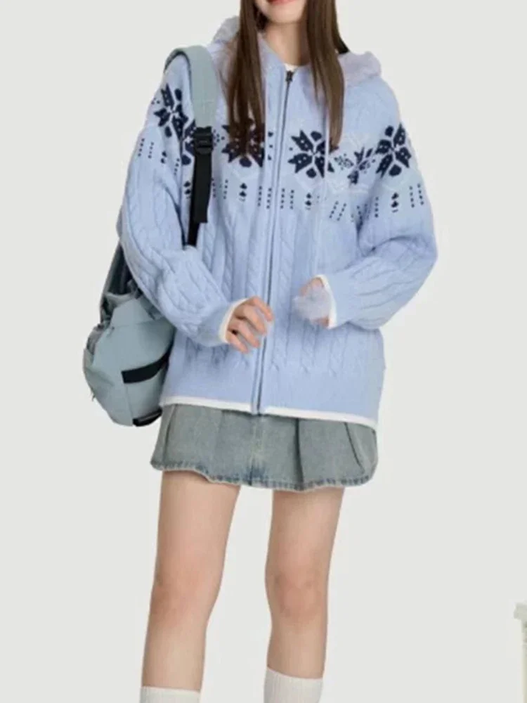 

French Women Gentle Snow Flower Hooded Knitted Jacket Autumn Fashion Hip-Hop Loose Women's Long Sleeved Cardigan Sweater