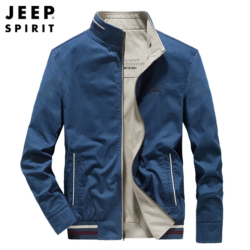 JEEP SPIRIT Autumn Fashion Stand Collar Business Solid Coat Men Double Sided Jacket Casual Slim Jacket Overcoat For Male Clothes