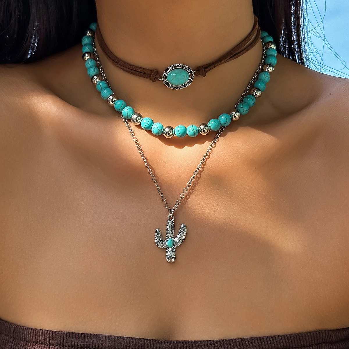 KunJoe Bohemian Multilayer Blue Stone Beads Korean Velvet Necklace for Women men Punk Metal Cactus Pendant Cross Chain Necklace