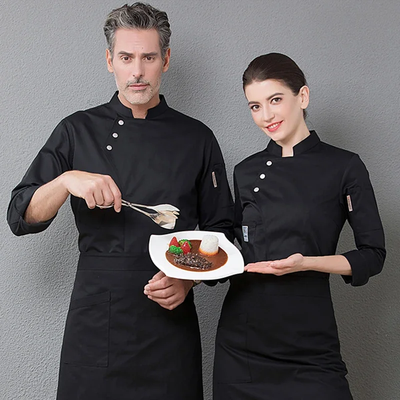 Blue Uniform Jacket Long Sleeves Restaurant Uniform Women and Men Kitchen Catering Black Cook Coat Double Breasted Chef Clothes