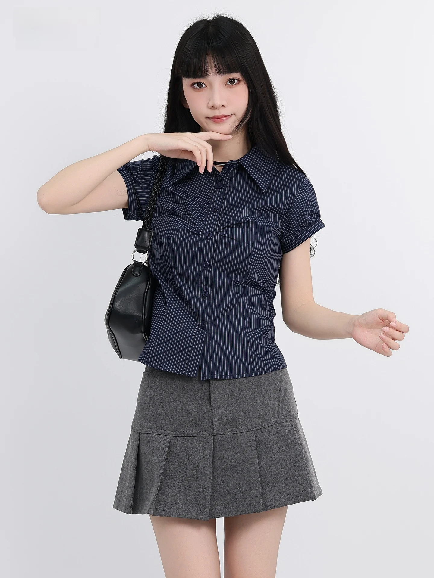 Korean Sle Commuter Retro k Blue Striped ort Sve  irt Women's Summer New Folded oulder Regular Fit irt
