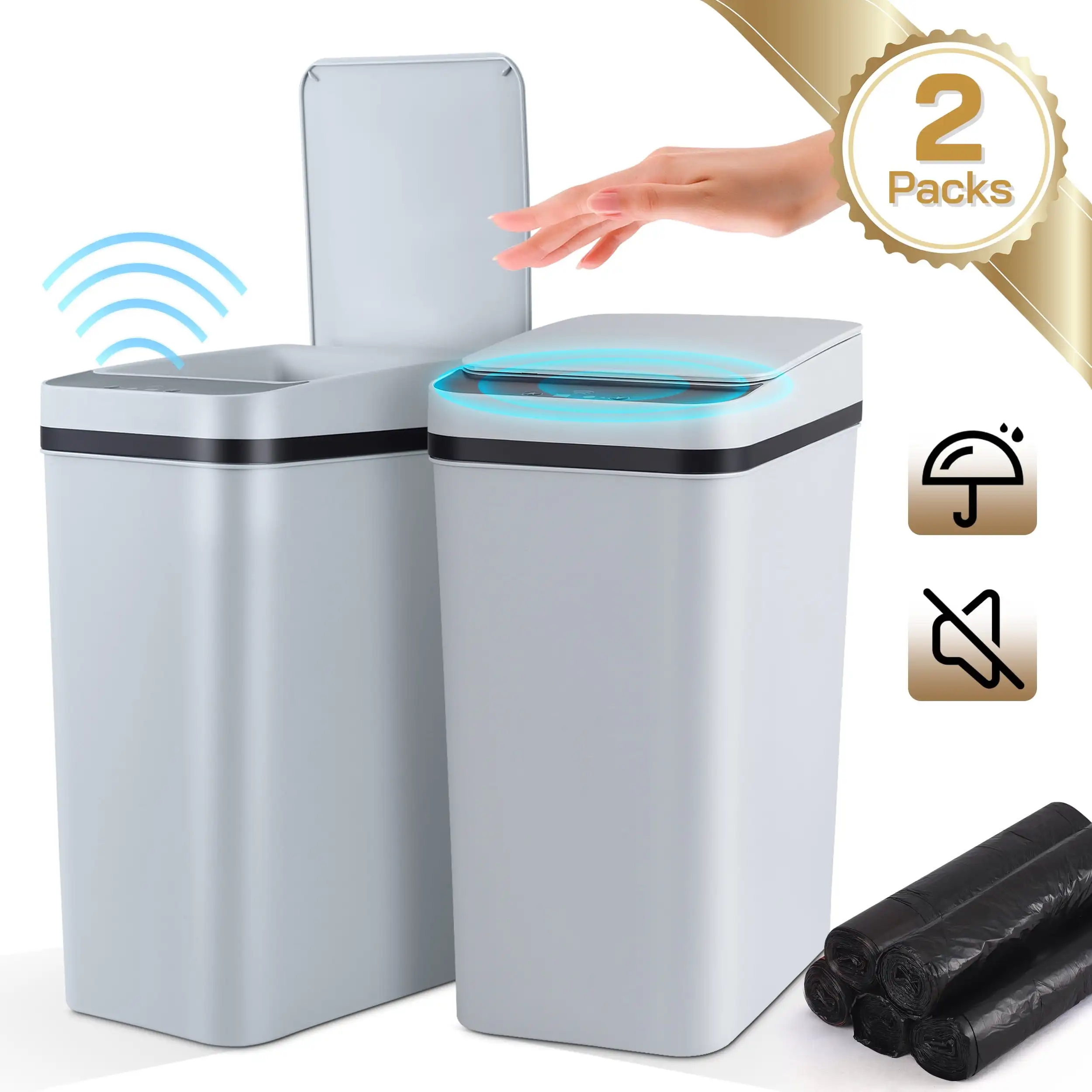 2 Pcs Smart Automatic Touchless Trash Can with Lid,3.6 Gallon Slim Garbage Bin Waste Basket for Kitchen,Living Room,White