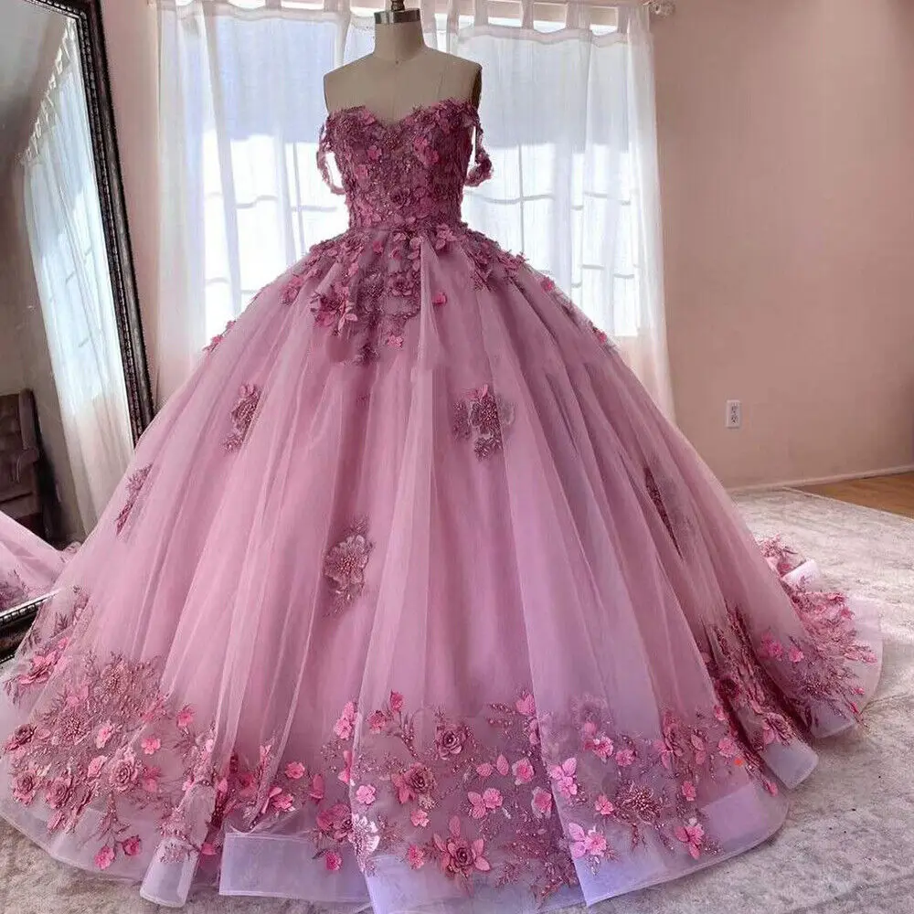 

ANGELSBRIDEP Pink Quinceanera Dresses Sweet 15 3D Appliques Beaded Handmade Flowers Tullle Ball Gowns Birthday Princess Party