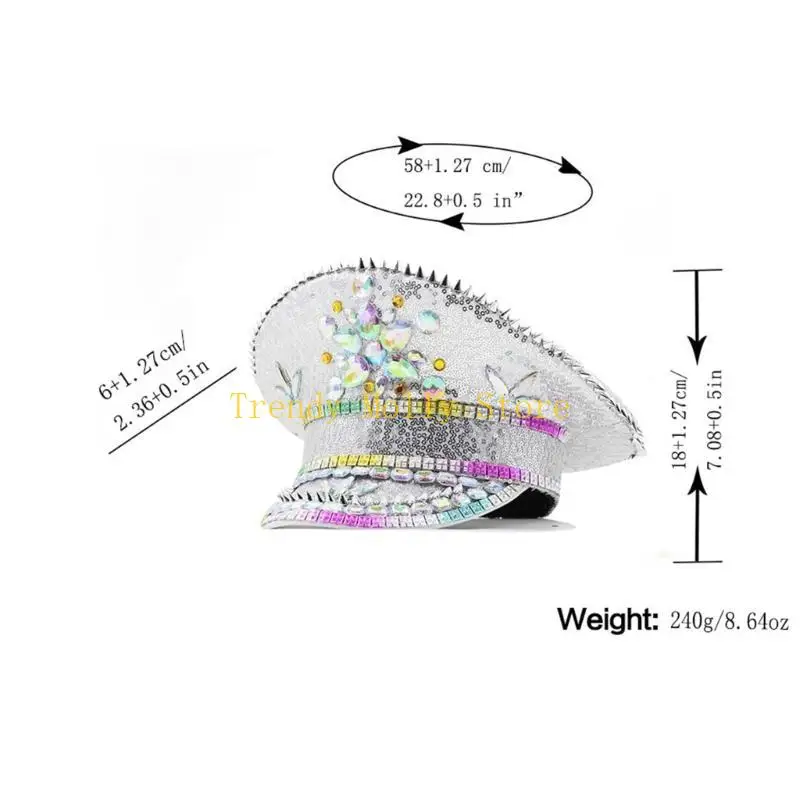 N5KB حجر الراين قبعة البحرية لسيدة زفاف العروس التألق الرقيب قبعة الجدة حفلة عيد ميلاد قبعة الكابتن قبعة للنادي الليلي #6