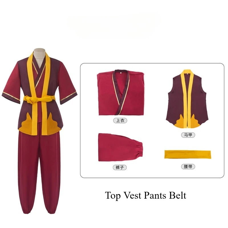 Zuko Cosplay Fire Nation Prince Costume Red Top Pants Vest Belt Suit Role Play Outfit for Men Halloween Party - view 6