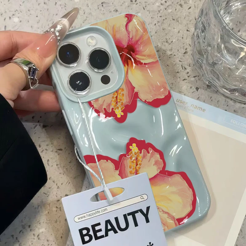 أنيقة الوردي زهرة الكركديه طيات الملمس جراب هاتف آيفون 16 17 برو ماكس الهواء 15 14 13 12 11 16 15 زائد غطاء لينة Funda