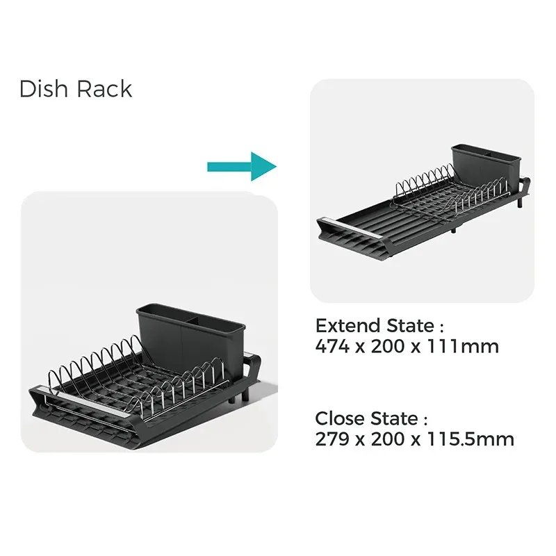 Expandable Small Dish Drying Rack for Kitchen Counter, Dish Drainer with Removable Cutlery Holder, Space-Saving Compact Design