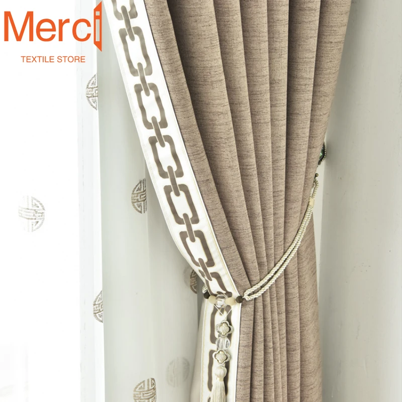 European Style Curtains for Living Dining Room Bedroom Luxury Solid Color Thickened Cotton and Linen Blackout Fabric Custom