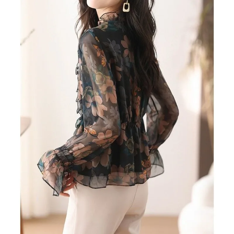 Fragmented Chiffon Women\'s Spring and Autumn 2024 Pullover Lotus Collar New Fashion and Western Style Lace Mesh Long Sleeved Top