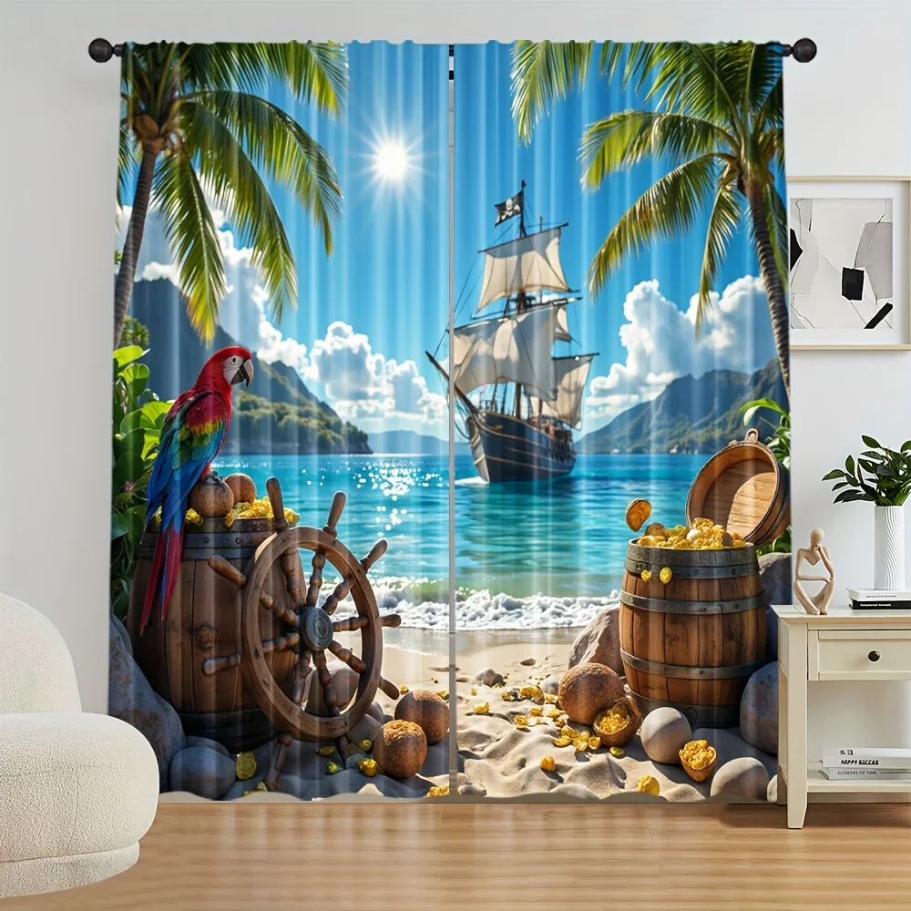 

2 шт. тропических пиратских штор для окна с изображением попугая, корабля, сундука с сокровищами и пальм для декора гостиной в приключенческом стиле