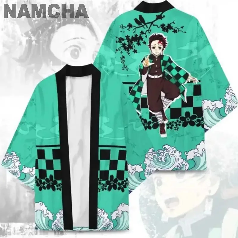 Personajes de Anime Kamado Tanjirou Cosplay capa tipo kimono disfraz Harajuku chaqueta estampada 3D Kamado Nezuko capa tradicional japonesa