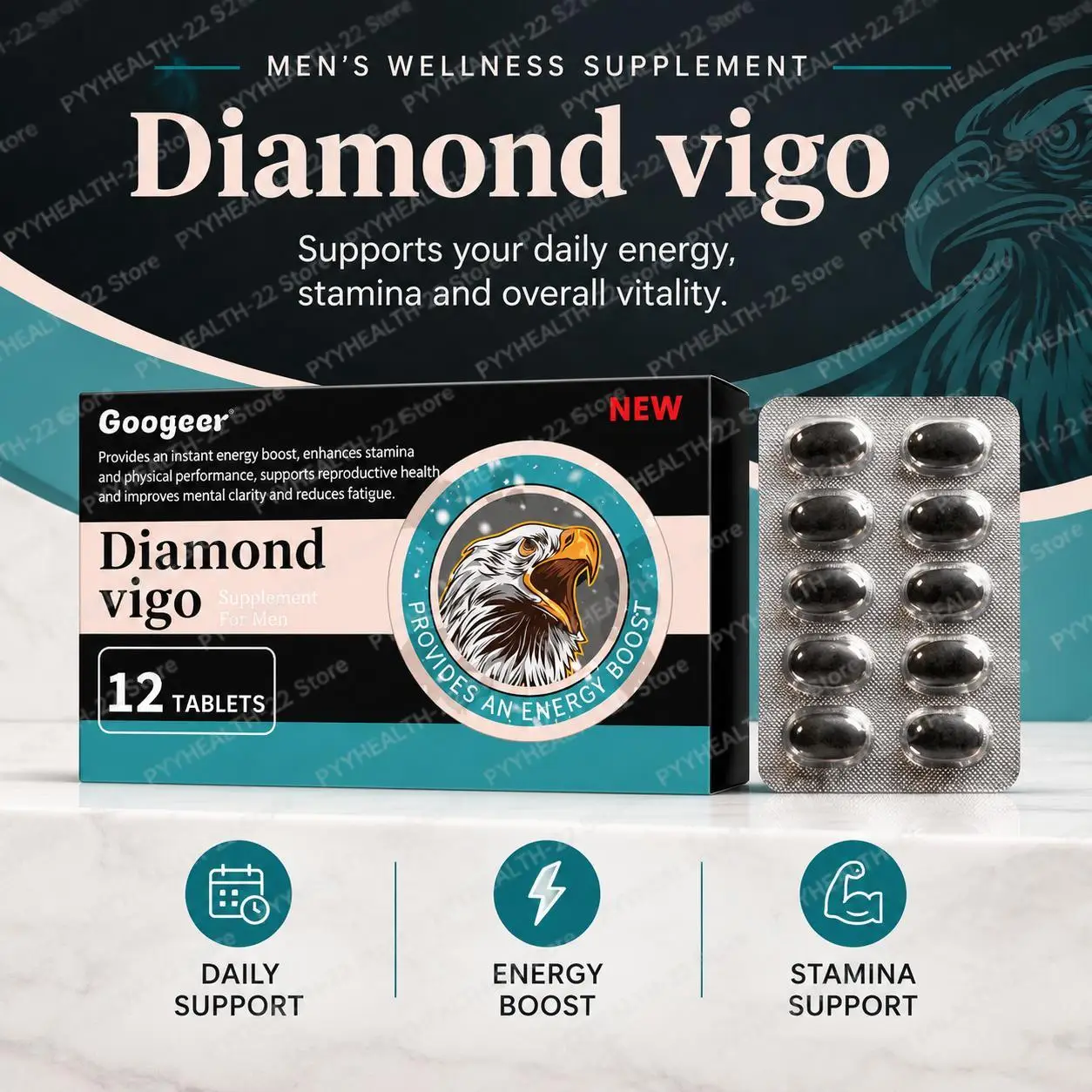 Diamond Vigo Tablets for Men, Herbal Extract Supplement, Supports Energy Boost, Stamina Mental Focus, Relieve Fatigue 12 Tablets