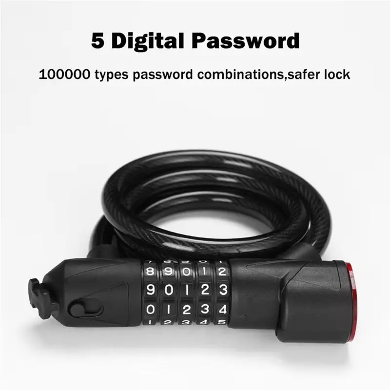NEW HOT In Stock-Bicycle Lock With Light 5 Digit Security Password Bike Lock Steel Cable Chain Lock For Road Bike - view 3