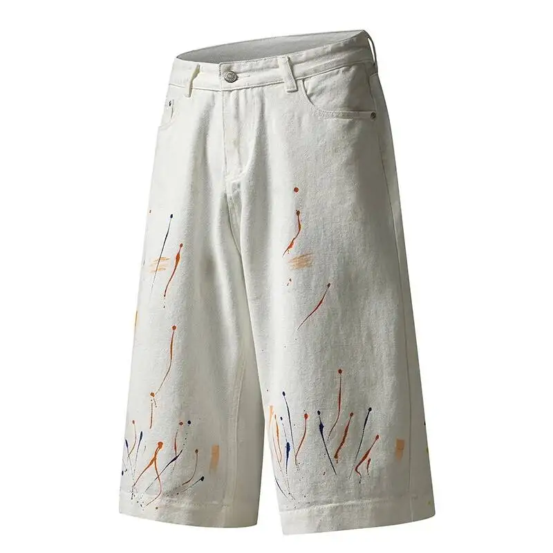 Niche Men's Paint Splatter Denim Shorts Casual Wide Leg Denim Shorts Trendy Loose Fitting Cropped Knee Length Jeans