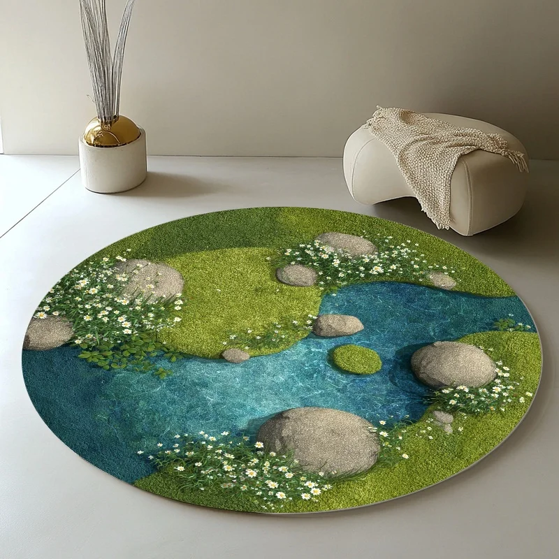 Zen Garden Pond Stones Round Mat Fleece Nature Inspired Rug Tranquil Water Grass Flowers Meditation Yoga Room Floor Covering