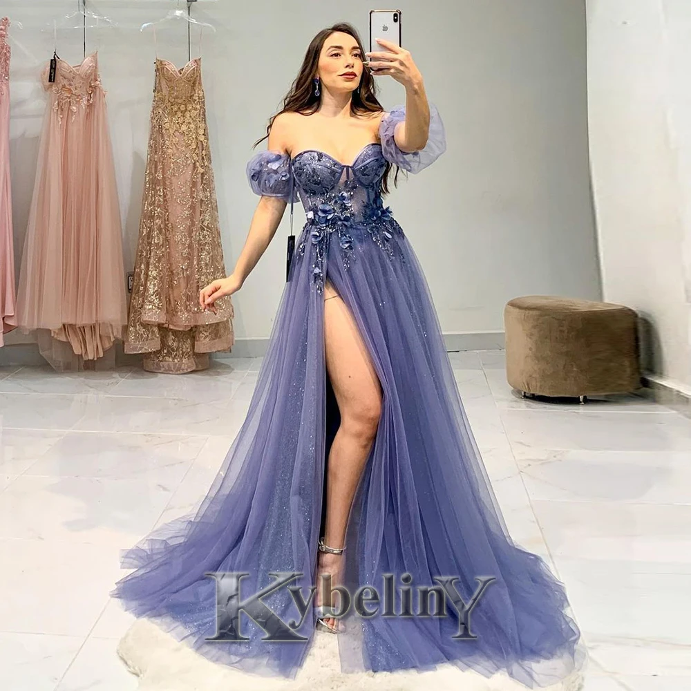 Kybeliny Modern Slit Prom Dresses For Woman 2024 A-line 3D Flower Appliques Evening Gowns Vestidos De Fiesta Party Customized