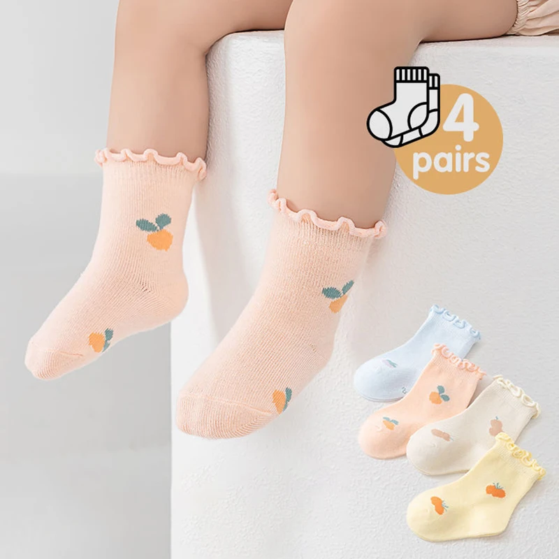 4 Pairs Baby Socks Spring Autumn Wooden Ear Flower Mid-Calf Newborn Kids Baby Girl Cotton Socks