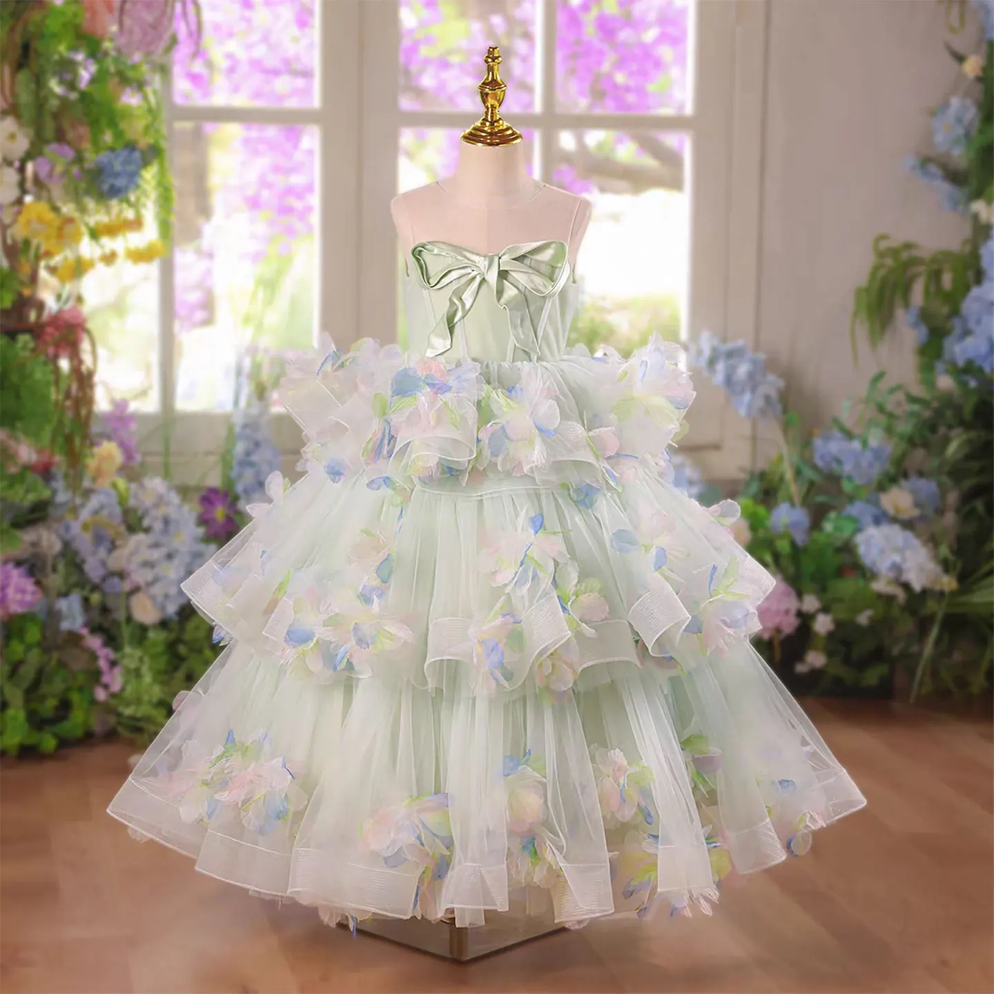 Jill Wish D346 Sage Green Flower Girl Dress with 3D Floral Petals, Layered Tulle Princess Party Gown for Kids Girls