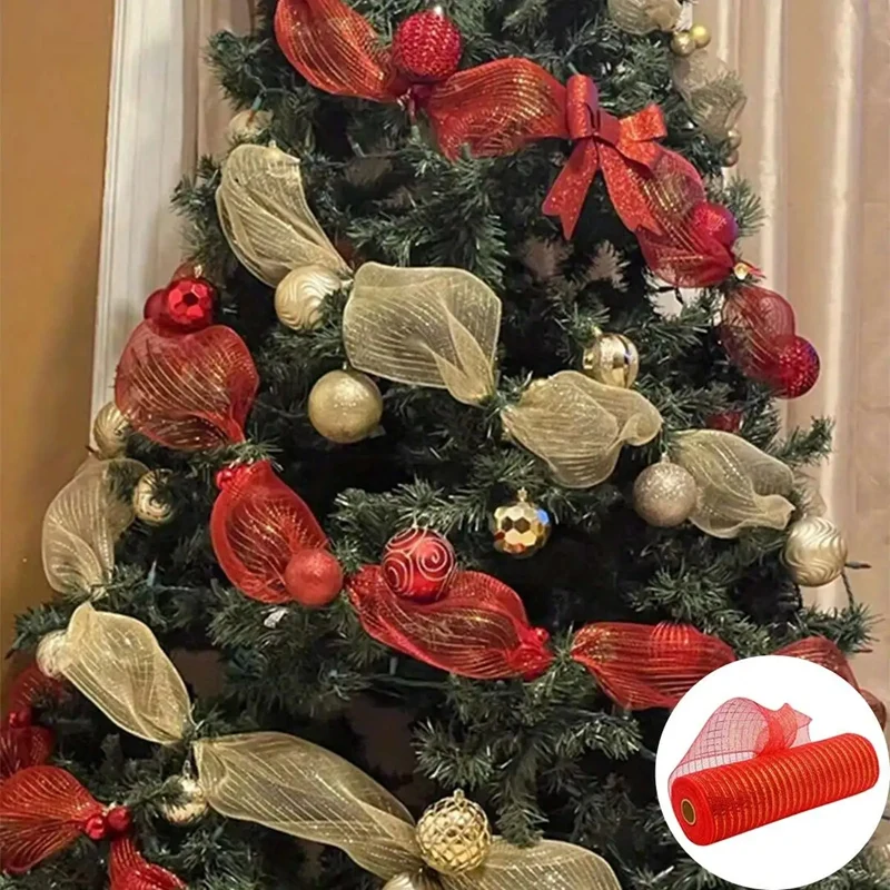Christmas Ribbon Bow Wreath Garland Mesh Tulle Roll Fabric Pendant Christmas Tree Decorations Ribbon Home Decor Gifts New Year