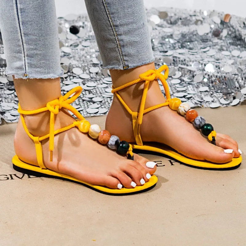 Women Sandals 2026 Summer New Fashion Beaded Decoration Lace Up Flat Sandals Female Bohemian Open Toe Casual Comfort Beach Shoes