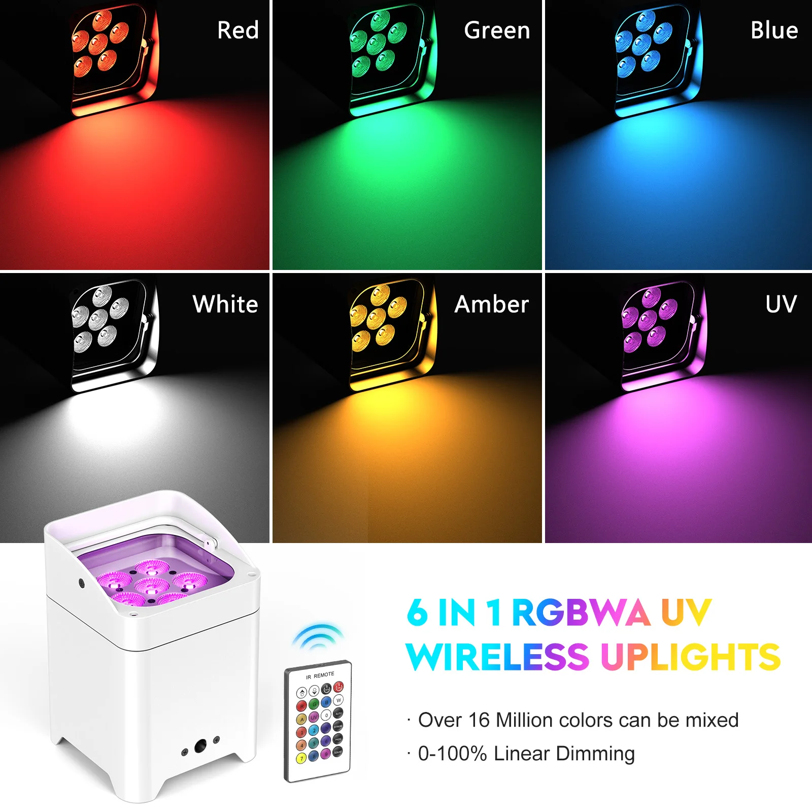 U'King 4PCS RGBWA+UV LED Par Light with Bag 6x18W DMX Stage Light Rechargeable Built-in Battery Wireless Par Light Dyeing Light