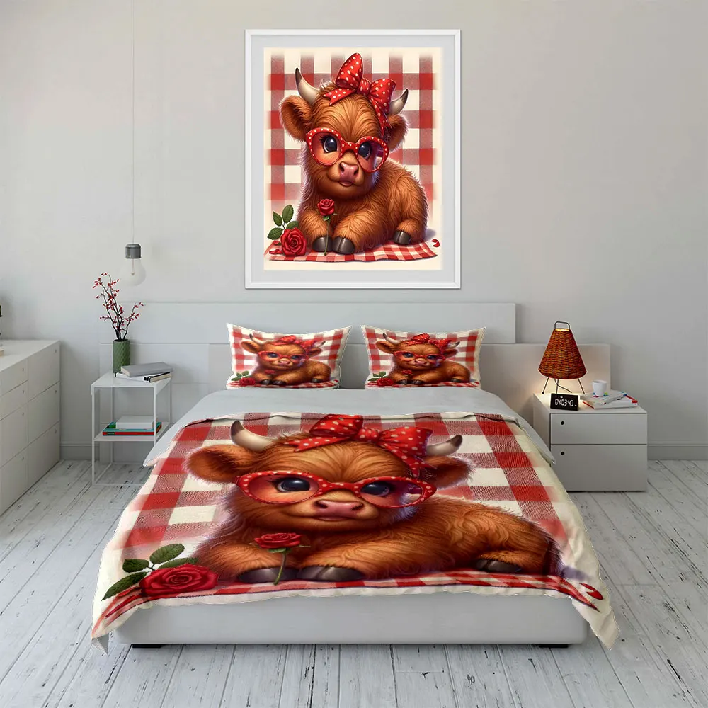 Red bow calf with roses Pattern Duvet Cover Set Digital Print Colorful Polyester Bedding with Zipper Closur for kids gifts