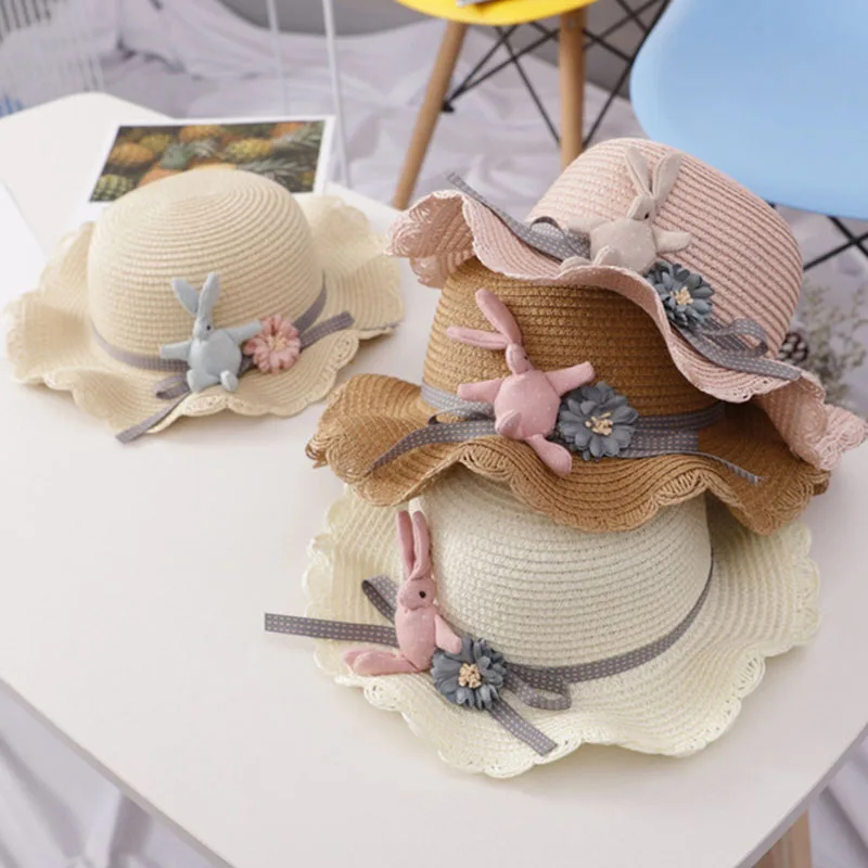 Children Flowers Bunny Caps Hat Baby Girls Straws Hats New Fashion Summer Elegant Breathable Sunhat Toddler Lovely Accessories