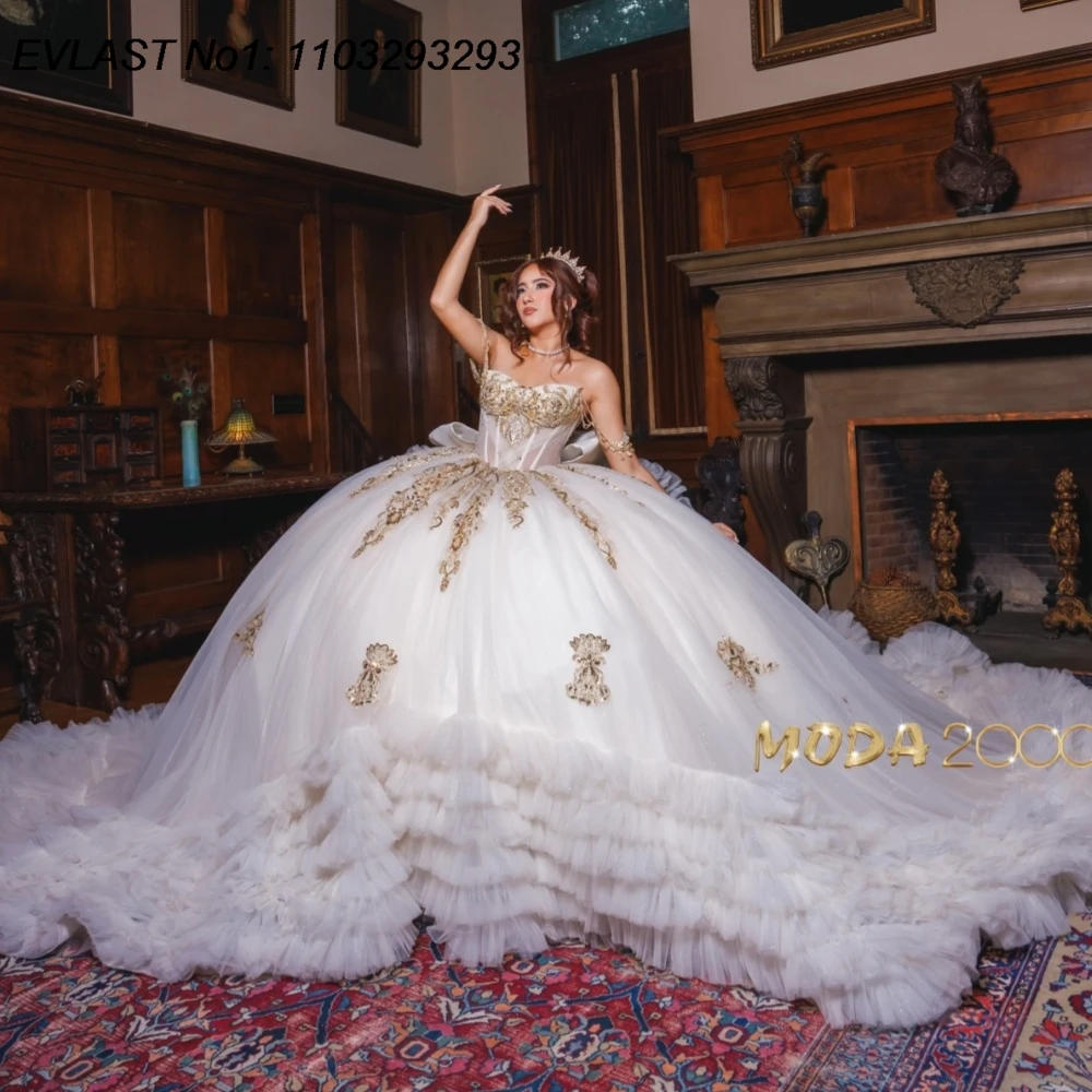 EVLAST Customized White Quinceanera Dress Ball Gown Shiny Gold Lace Applique Crystal Beaded Sweet 16 Vestidos De 15 Anos AQ108