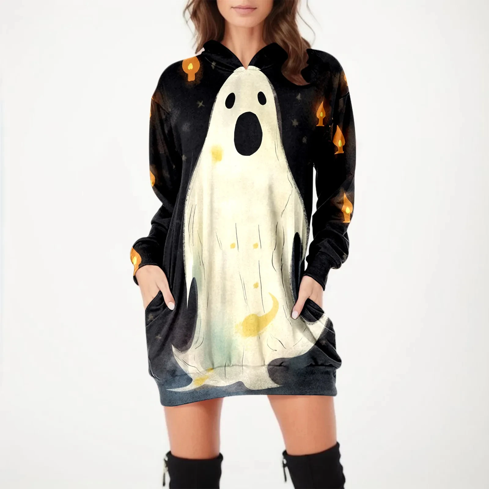 Halloween Ghost Printed Hoodie Dress Bat Women's Daily Workout Hoodies Long Sleeve Pullover Autumn Winter Loose Tee Traf Vestido