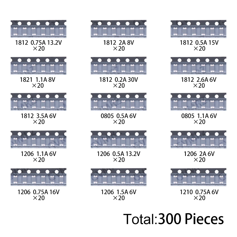 300Pcs 15Values*20PCS 2A 1.1A 2.6A 3.5A 1206 0805 1210 1812 SMD Resettable Fuse kit 0.7A 0.5A 0.2A PPTC PolySwitch Self-Recovery