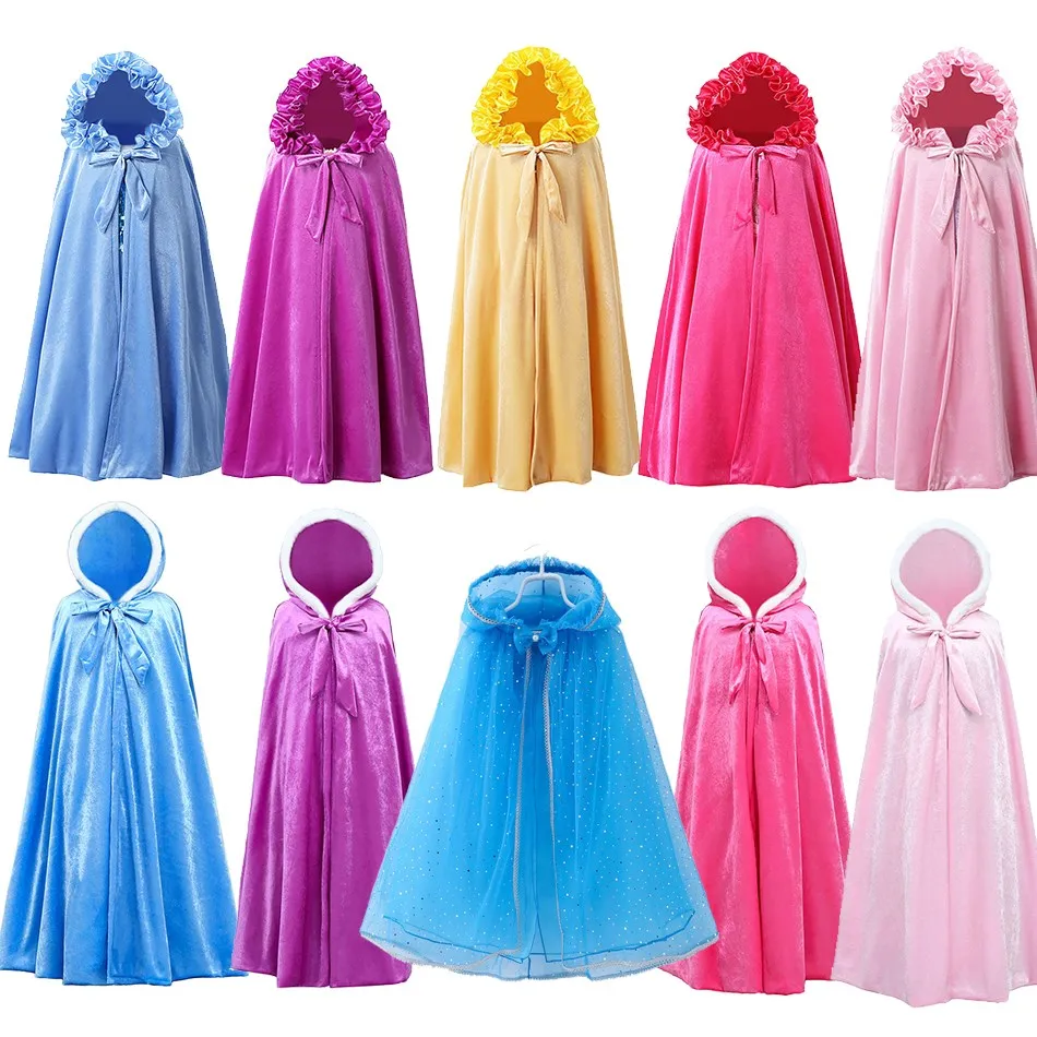 

Girls Princess Costume Cloak Hooded Anna Elsa Cape Aurora Rapunzel Fancy Party Mantel Clothes Children Party Accessories