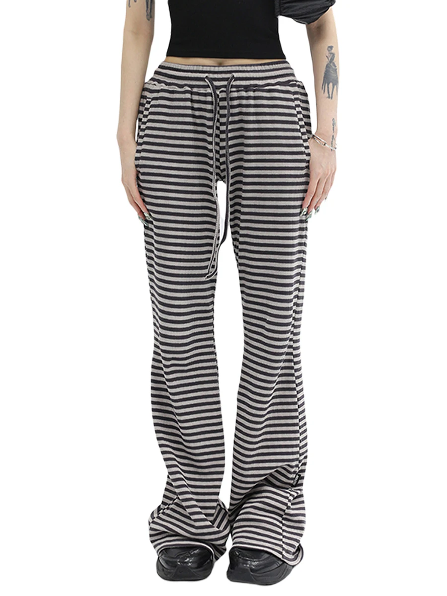 

Women Drawstring Straight Leg Pants Vintage Low Rise Striped Print Knitted Lounge Pants