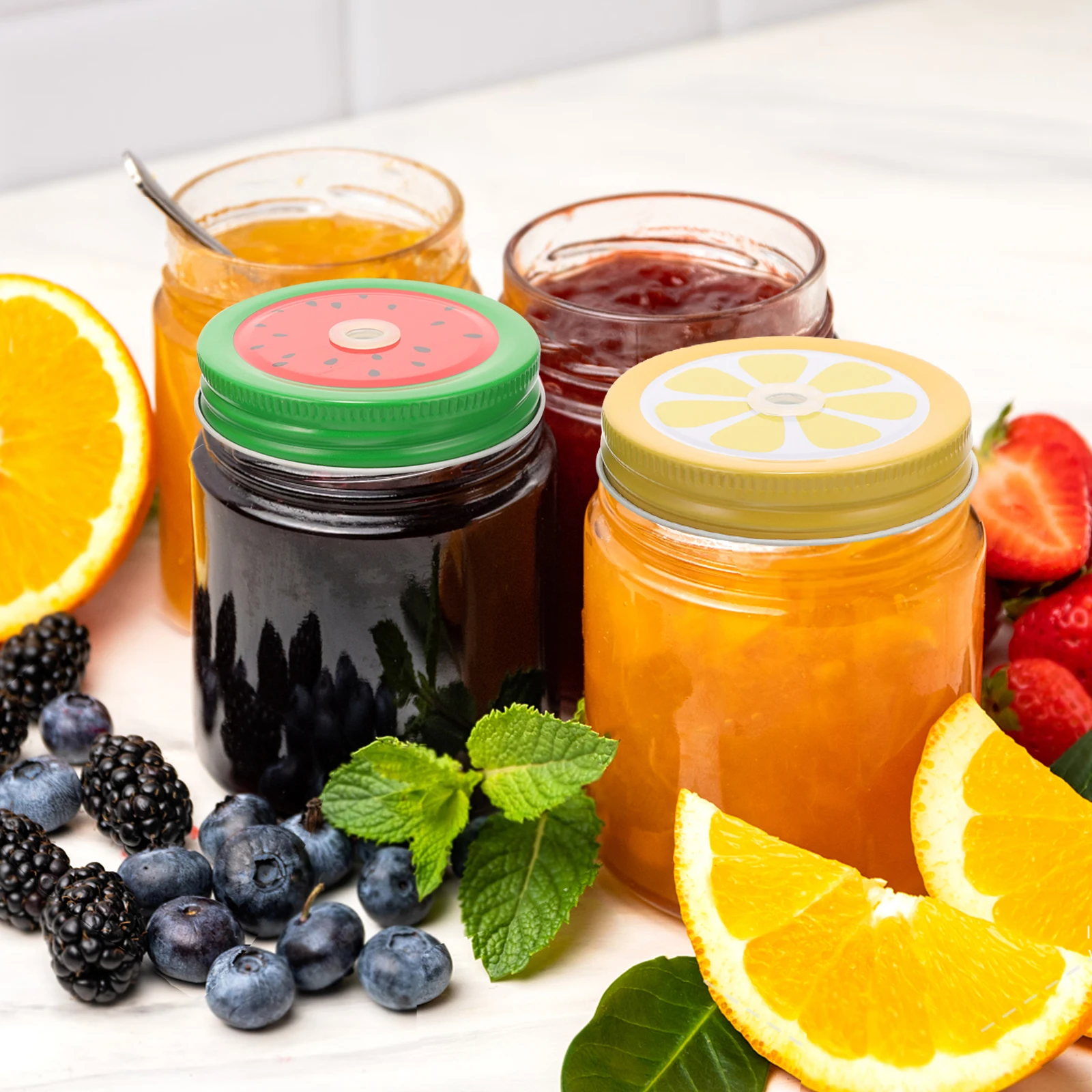 

20pcs Pattern Jar Lids Metal Sealer Straw Hole Canning Reusable Leak Proof Tinplate Mason Replacement Mason Jar Lid Kitchen Bar