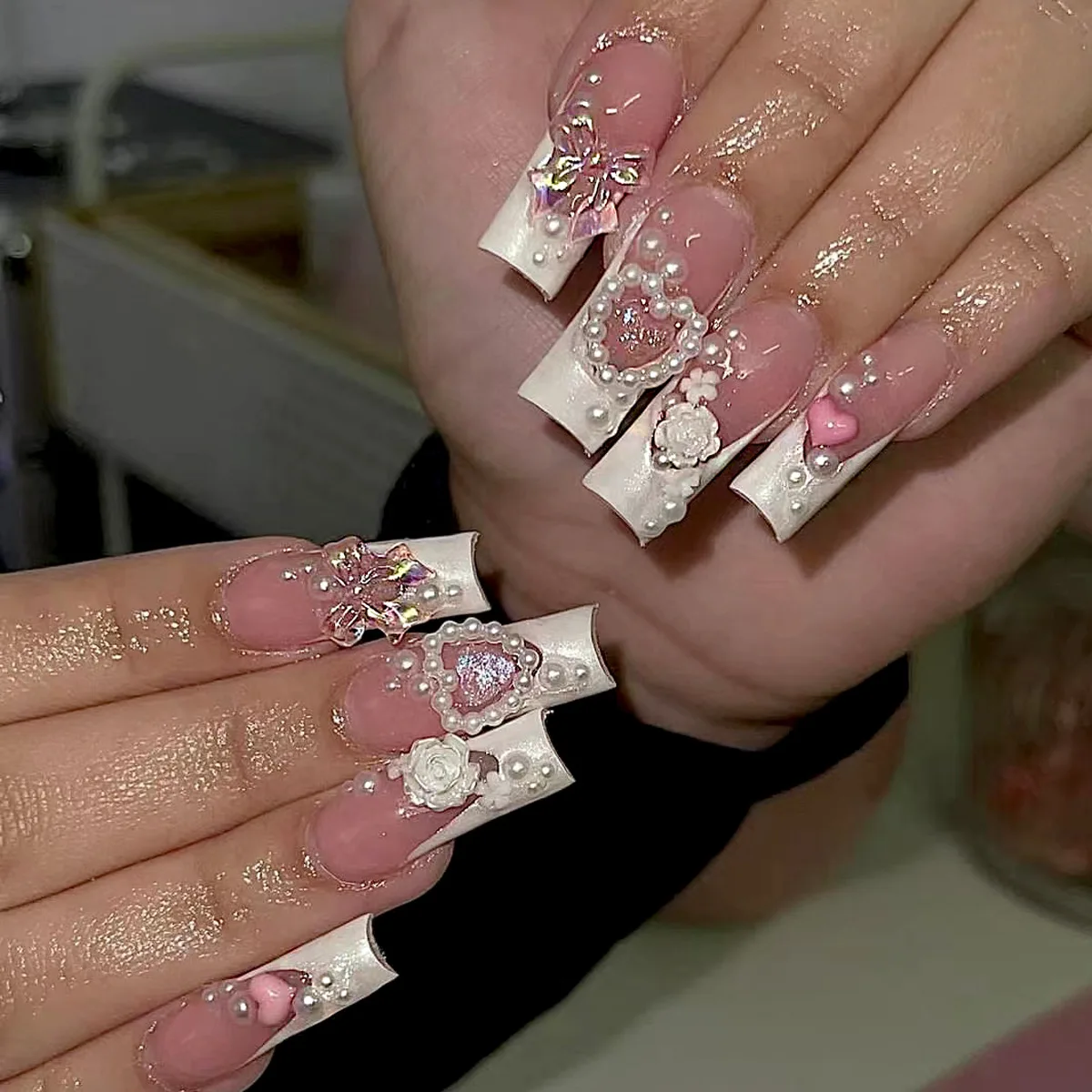 

24Pcs Mid-length Square Head Full Cover Nails Tips 3D Bow Flower Love Heart Pearl Press on Fake Nails French Reusable False Nail